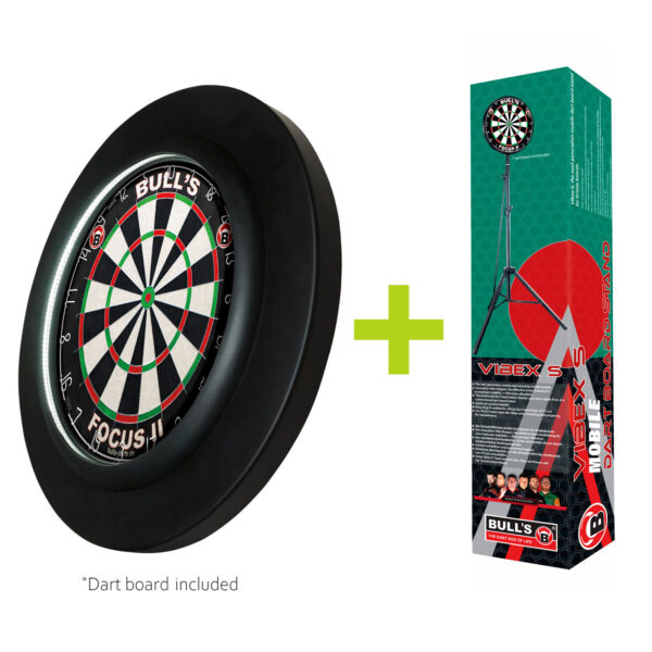 BULL'S Focus II Plus Dartboard SET mit Dartboardst?nder und schwarzen PU Surround mit integriertem LED Lichtring