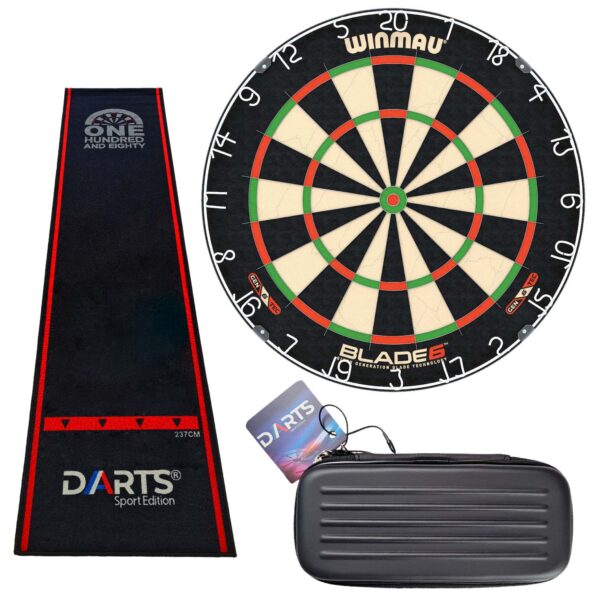 Winmau Blade 6 Set mit OneHundred Eighty Dart Teppich und Darttasche Black Turtle