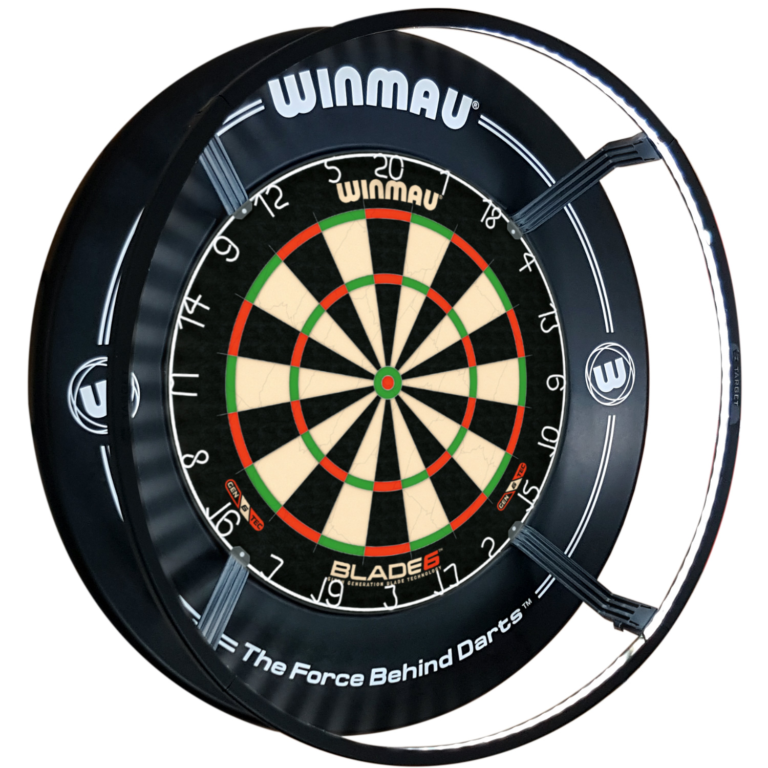 Winmau Blade 6 Set mit Surround schwarz und Target Corona Lichtring